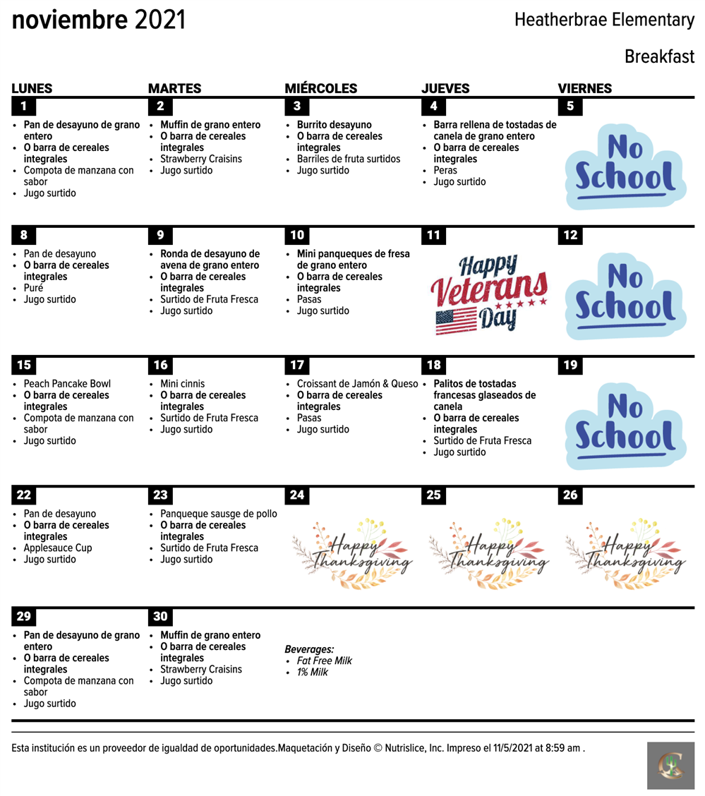 Heatherbrae Breakfast Calendar in Spanish